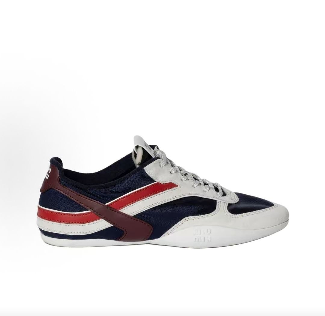 MIU MIU Gymnasium Colorful Ribbon Logo Embossed Round Toe Lace-up Slim-fit Low-top Casual Shoes for Women, Blue and White