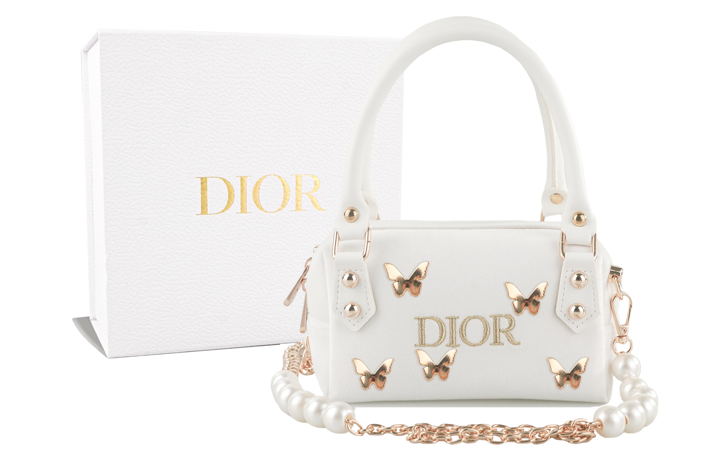 DIOR [Custom Makeup Bag] RISK Zhuang Sheng Xiaomeng Handbag Crossbody Bag Butterfly Pearl Platinum