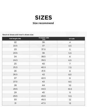 A shoe size recommendation chart titled "SIZES" displaying conversions for neutral and men's shoes across Foot length in centimeters, European (EU) codes, and US codes.