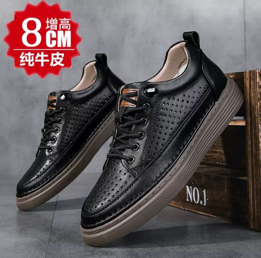 Summer genuine leather breathable hollow casual shoes slip-on leather shoes small size men's sneakers with hidden height increase of 10cm or 8cm