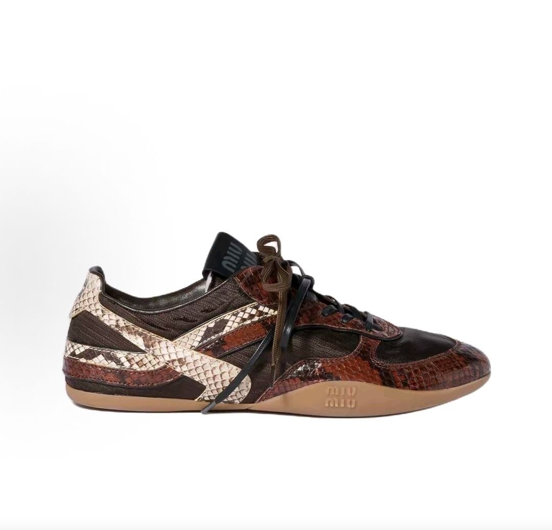 MIU MIU Gymnasium Leather Round Toe Lace-up Python Print Low-top Casual Shoes for Women, Dark Brown
