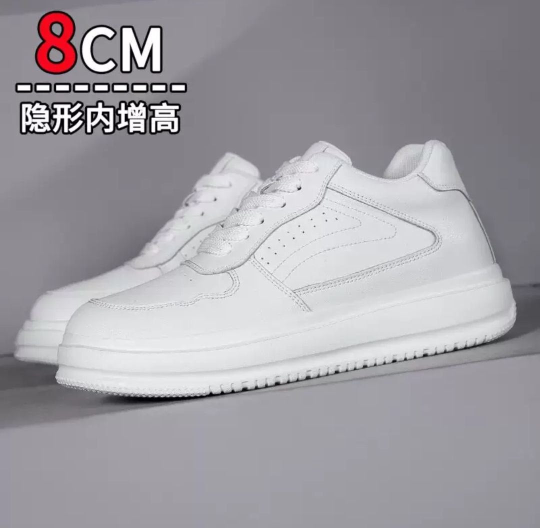 Summer Men's Leather Hidden Height Increasing Shoes 10cm Casual High-Top White Sneakers, High-End Genuine Leather Sports Sneakers