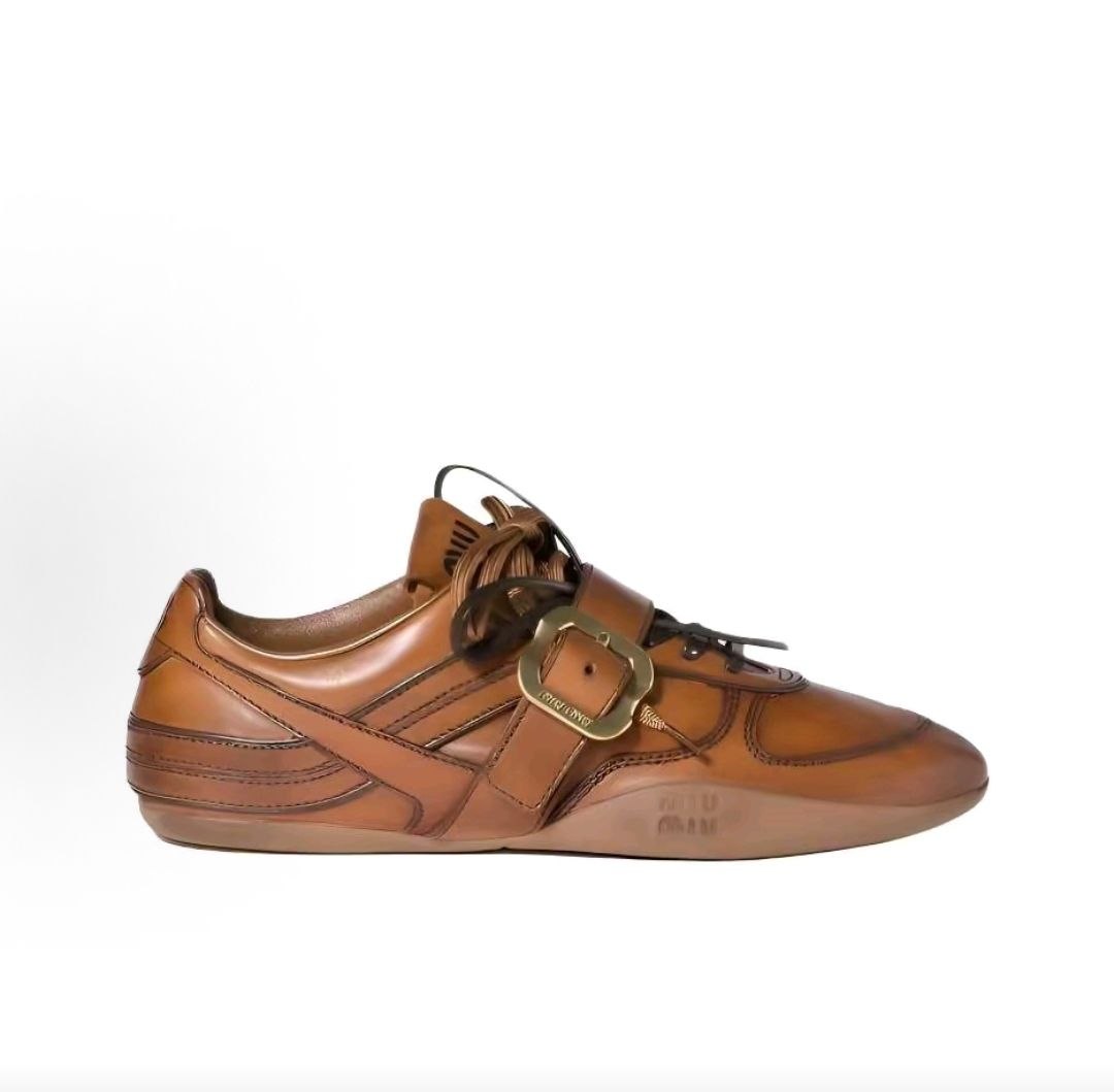 MIU MIU Gymnasium FW25 Fall/Winter Collection Runway Style Calfskin Leather Buckle Lace-up Shoes, Low-top Casual Women's Shoes