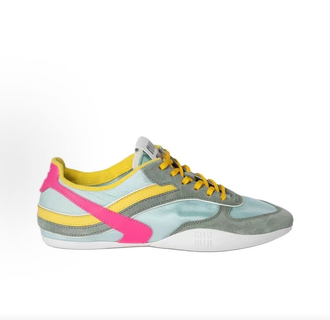 MIU MIU Gymnasium Suede Leather Technical Fabric Colorful Ribbon Round Toe Lace-up Thin Sole Low-top Casual Shoes Women's Yellow
