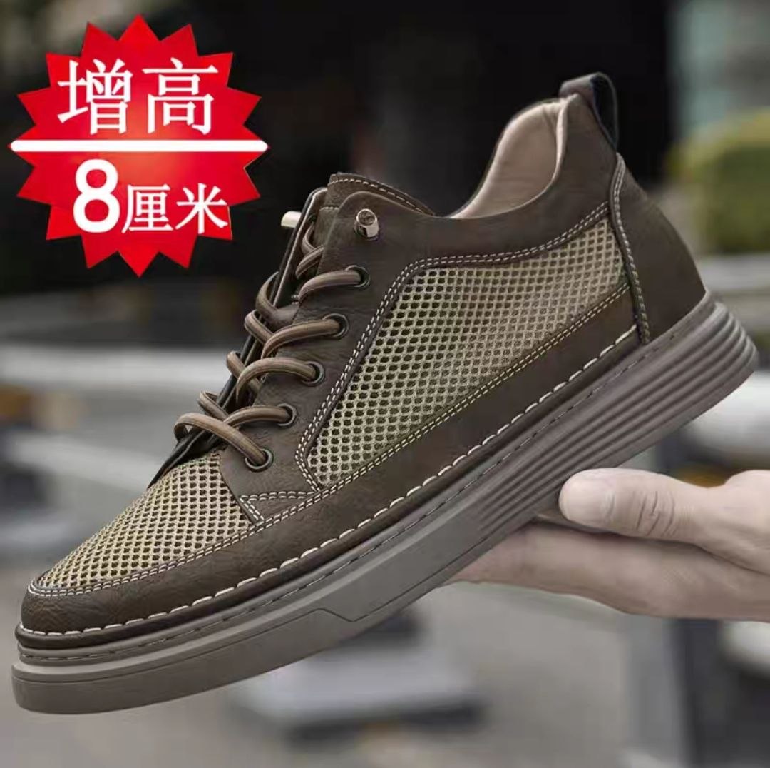 Summer height-increasing shoes for men, 10cm breathable mesh openwork casual leather shoes, cowhide versatile shoes with hidden height increase of 8cm or 6cm, sneakers.