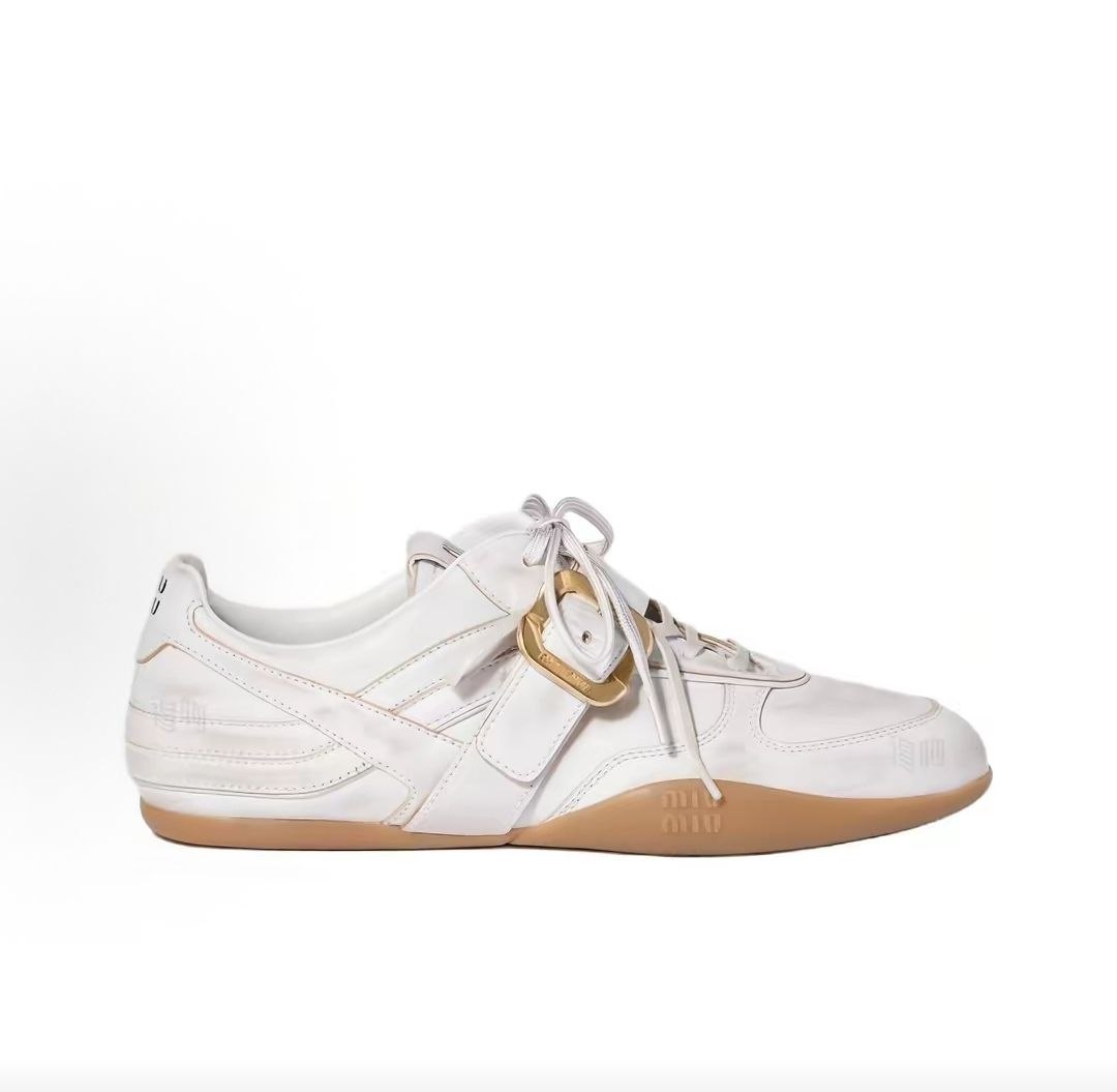 MIU MIU Gymnasium calfskin round toe lace-up low-top casual shoes for women, white.