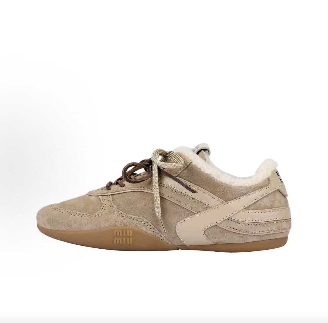 MIU MIU Gymnasium Calfskin Flat Lace-up Low-top Casual Shoes, Women's Desert Yellow