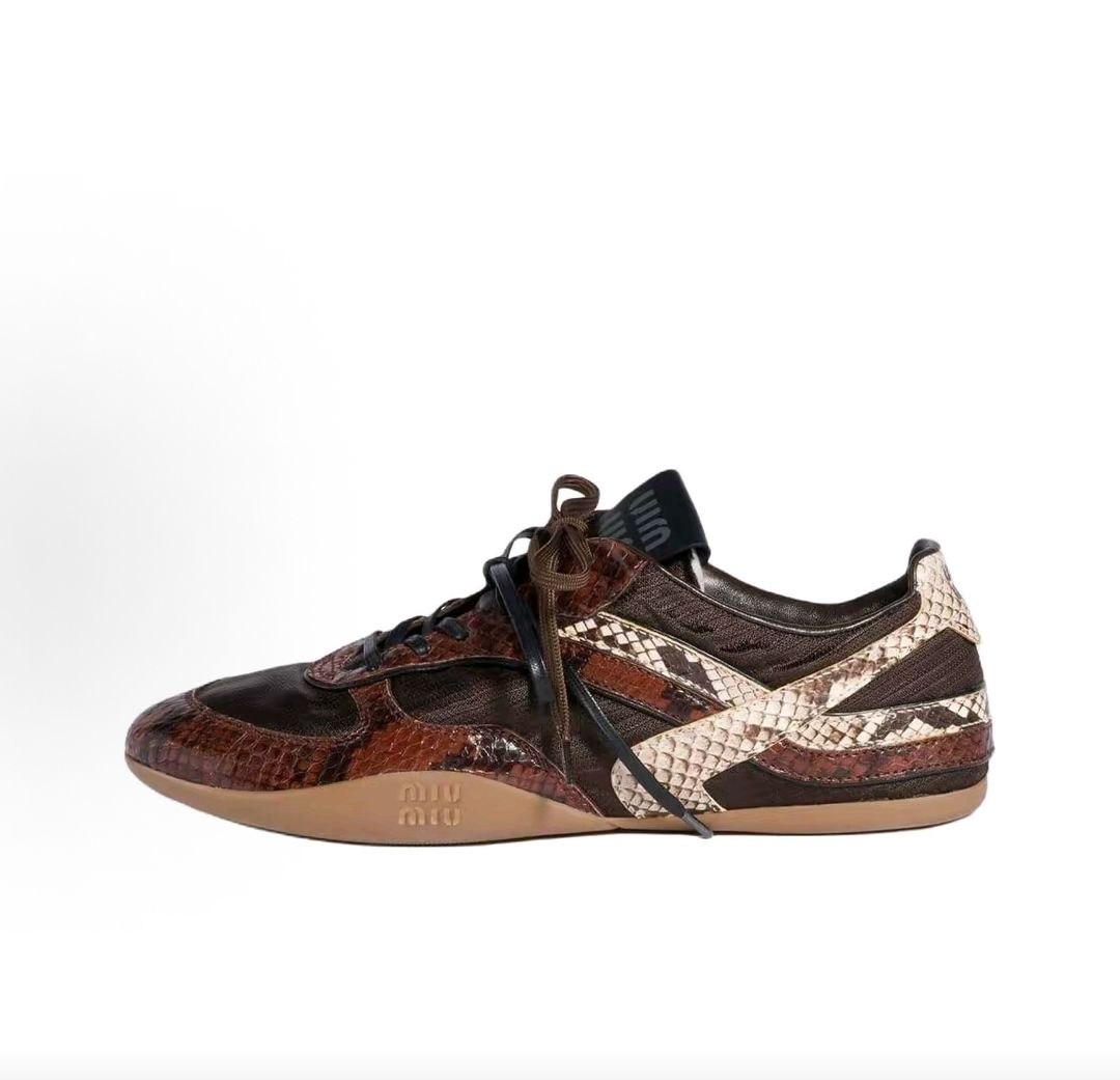 MIU MIU Gymnasium Leather Round Toe Lace-up Python Print Low-top Casual Shoes for Women, Dark Brown