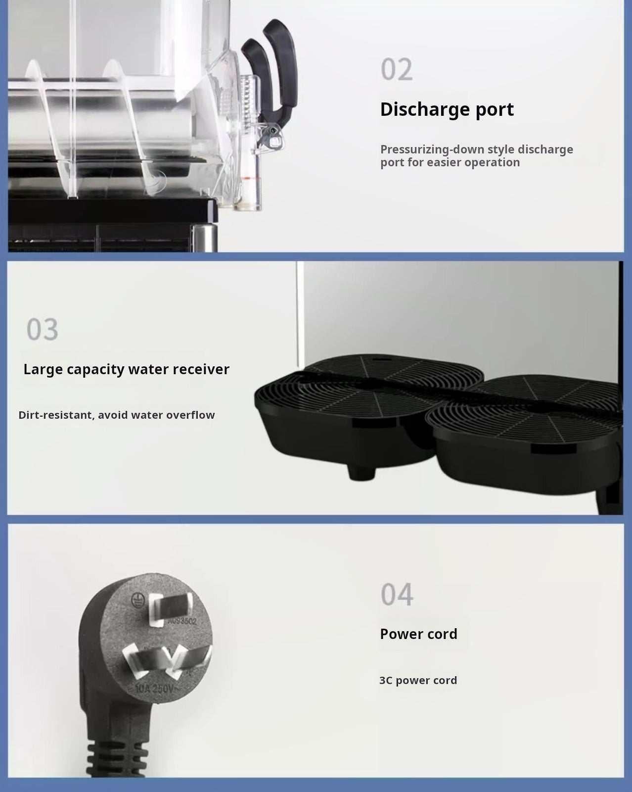 Close-up diagram showing the discharge port, drip tray, and power cord of a slushie machine