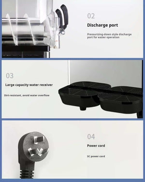 Close-up diagram showing the discharge port, drip tray, and power cord of a slushie machine