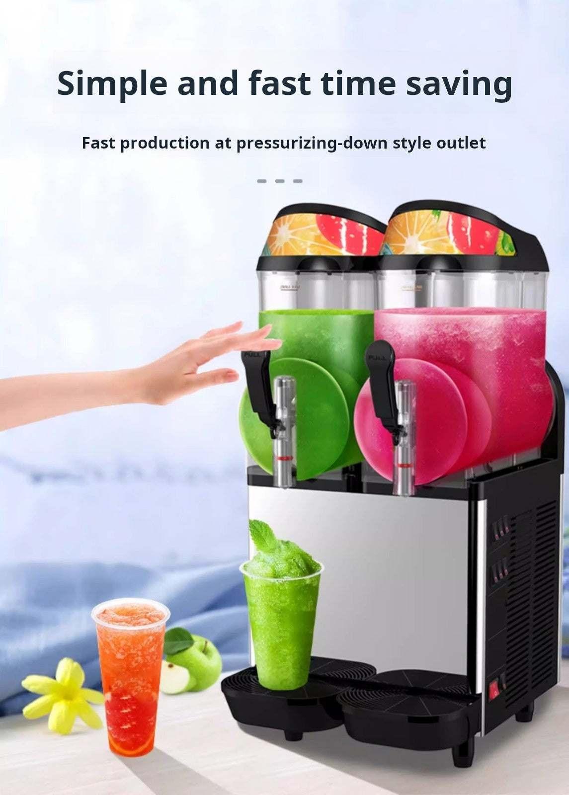 Commercial dual-tank slushie machine with pressurizing pull-down dispensing outlets