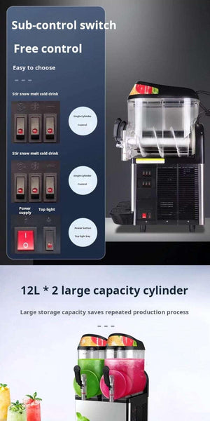 Commercial dual-tank slushie machine with sub-control switches and 12L capacity cylinders.