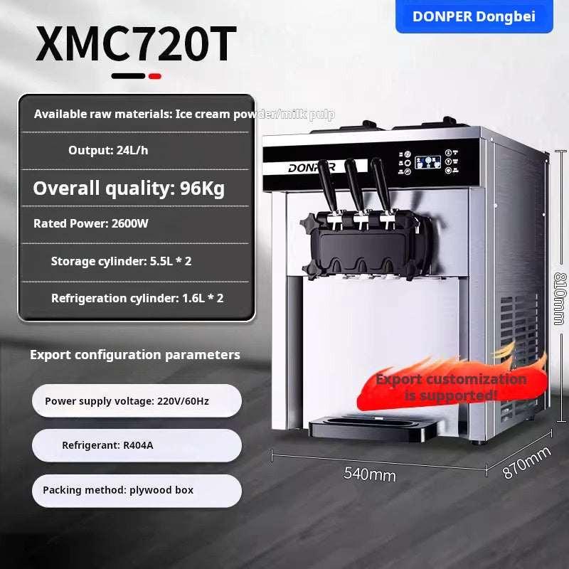 Commercial soft-serve ice cream machine with three handles for dispensing two separate flavors and a twist mix, shown alongside key details like its 24-liter per hour output and 2600-watt power