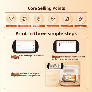 Overview graphic highlighting efficiency for الطباعة على القهوة والطعام (Printing on coffee and food) tasks.