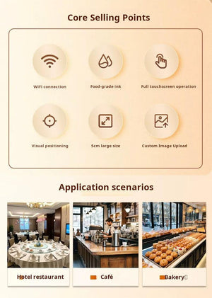 Informational graphic detailing the features of طابعة كافيهات ومخابز (Cafes and bakeries printer) across various retail environments.