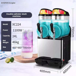 DONPER double-cylinder slushie machine filled with blue frozen beverage, displaying product specifications including 24-liter total capacity, 1100-watt power, and dimensions