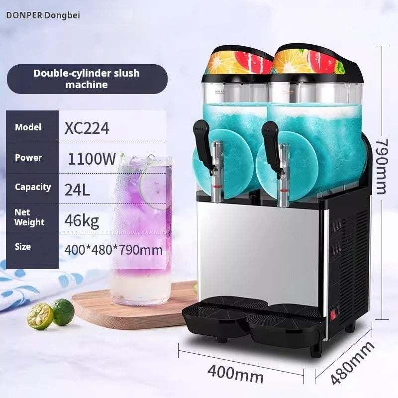 DONPER double-cylinder slushie machine filled with blue frozen beverage, displaying product specifications including 24-liter total capacity, 1100-watt power, and dimensions