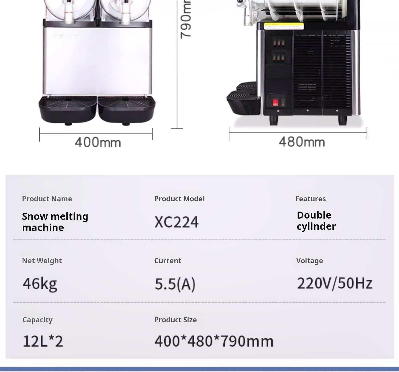 Dongbei Commercial Slush Machine XC224 specifications showing dual 12L tanks, dimensions, and product size