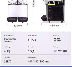 Dongbei Commercial Slush Machine XC224 specifications showing dual 12L tanks, dimensions, and product size