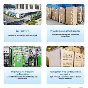 Four-panel image showcasing factory manufacturing, warehouse stock, shipping label services, and secure wooden box packaging for ice cream machines