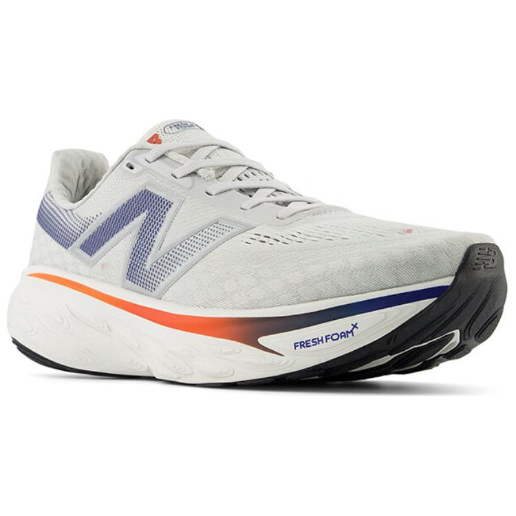 Front side-angle view of a grey New Balance running shoe with thick cushioned Fresh Foam X sole