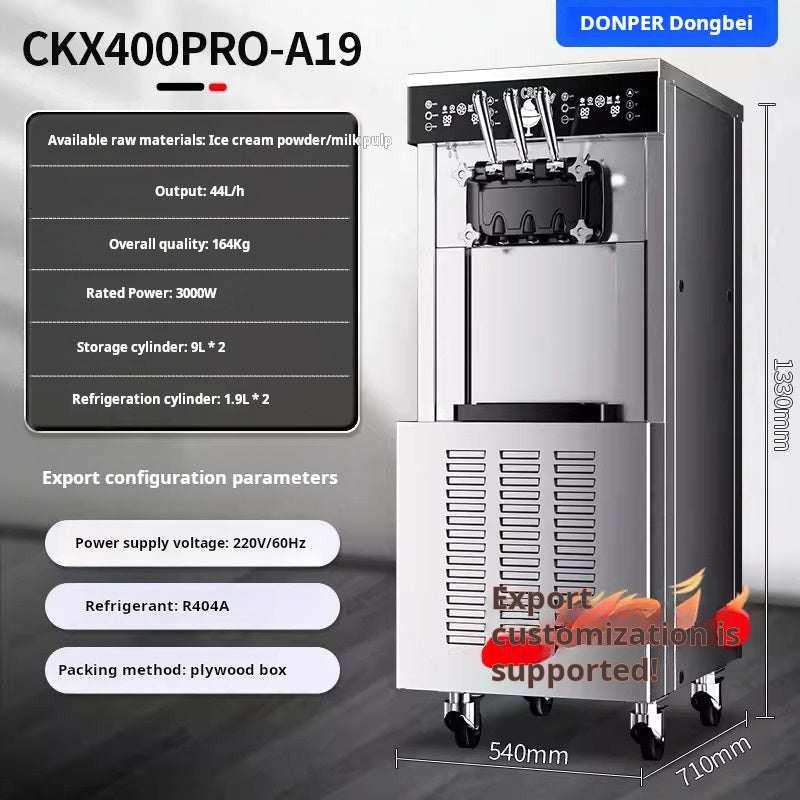 High-capacity floor-standing soft-serve ice cream machine with three dispensing handles, digital control panel, and wheels for easy mobility