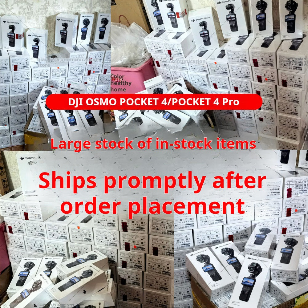 In-stock boxes of DJI Osmo Pocket 4 Pro Classic Black gimbal camera available for prompt order placement, perfect time for شراء كاميرا اوزمو بوكيت 4 برو.