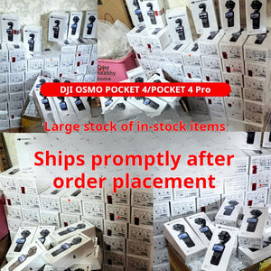 In-stock boxes of DJI Osmo Pocket 4 Pro Classic Black gimbal camera available for prompt order placement, perfect time for شراء كاميرا اوزمو بوكيت 4 برو.