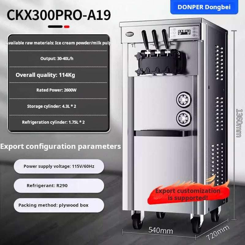 Large commercial soft-serve ice cream machine on wheels with three levers and high-output capacity