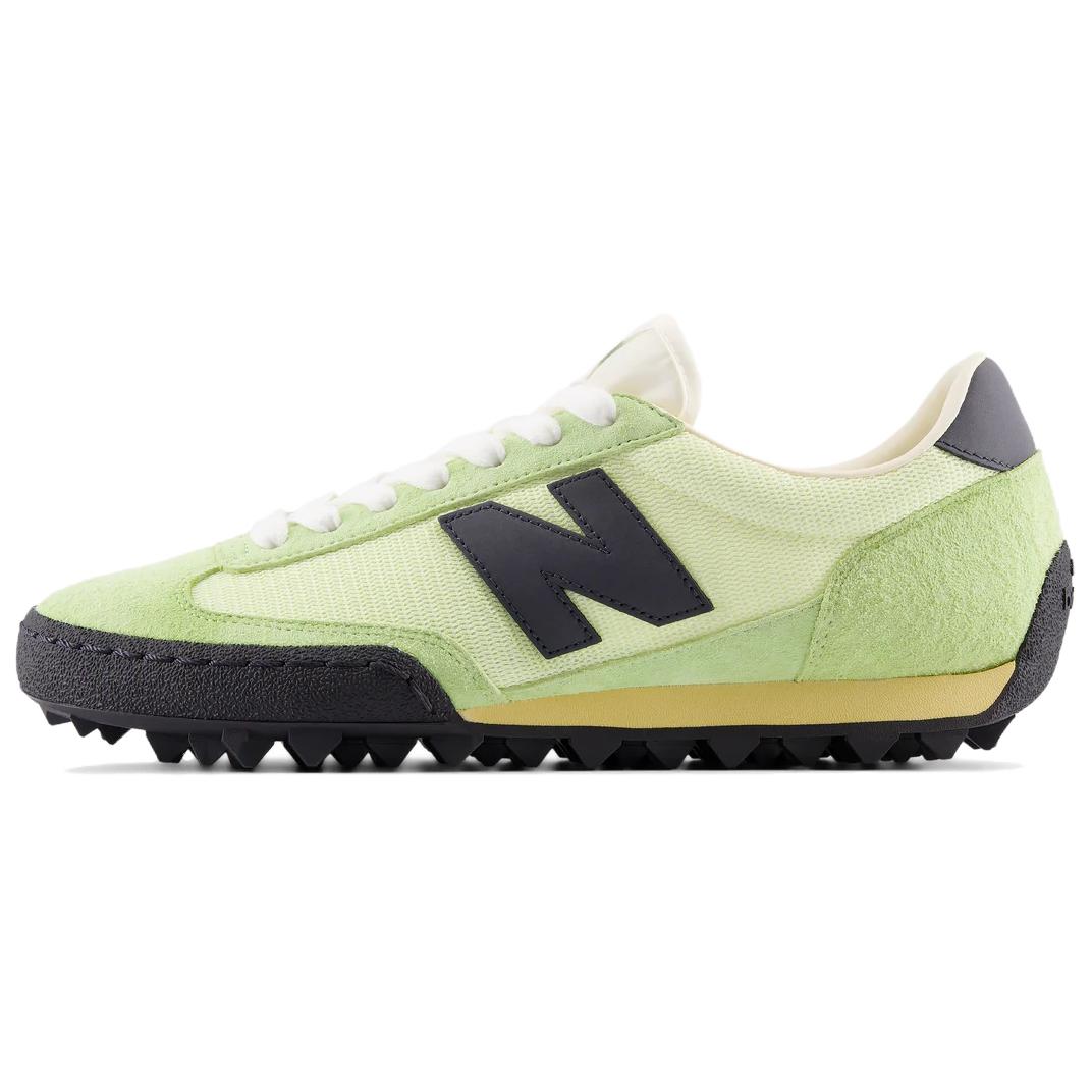 Lateral side profile of light green and black New Balance RC30 shoes, featuring a pale green nylon upper, lime green suede overlays at the toe and heel, a dark grey leather N logo, white laces, a tan midsole stripe, and a black rippled studded rubber outsole.
