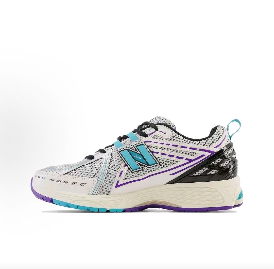 Lateral side profile view of white, teal, and purple New Balance shoes 1906R