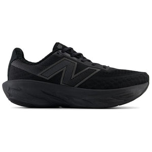 Medial side view of an all-black New Balance Fresh Foam X running shoe, showing the inner profile with dark mesh construction, matching overlays, and a thick black midsole