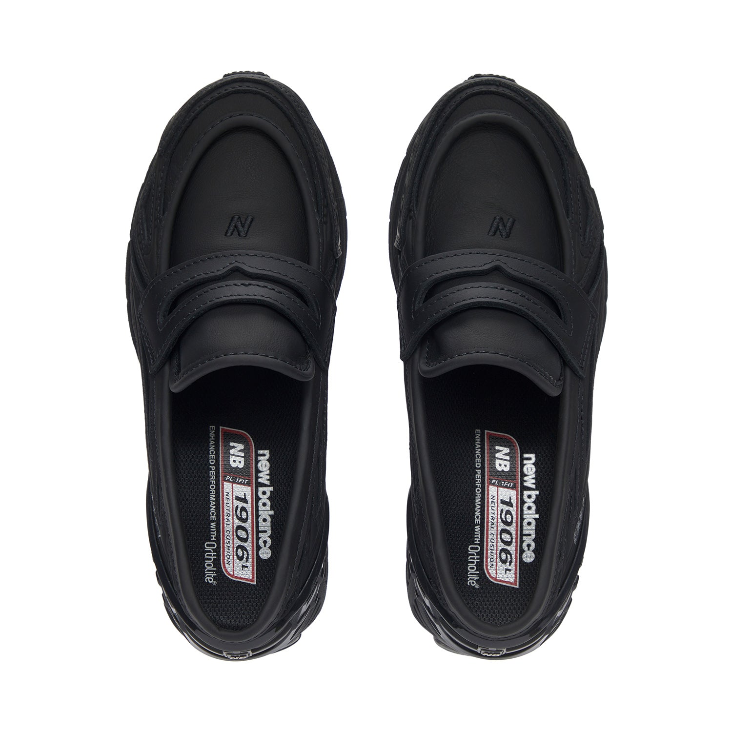 Top-down perspective of the New Balance 1906L Black Leather emphasizing the comfortable inner footbed and branding details.