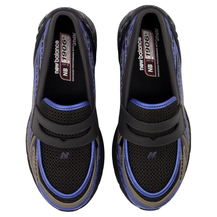 Top-down perspective of the New Balance 1906L Loafer Black Blue emphasizing the cushioned inner footbed, blending comfort with the signature look of حذاء نيو بالانس.
