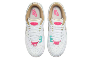 The top view highlights Nike Shoes craftsmanship, showcasing the حذاء نايك الأصلي مع حذاء Nike Dunk Low رياضي باللون الأبيض والوردي ضمن أفضل موديلات شوز نايك وتصاميم nike schuhe.