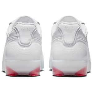The rear view showcases Nike Shoes details, combining the حذاء نايك الأصلي مع ميزات حذاء نايكي x جاكموس أبيض | Nike x Jacquemus White وجودة شوز نايك وتشكيلة nike schuhe.