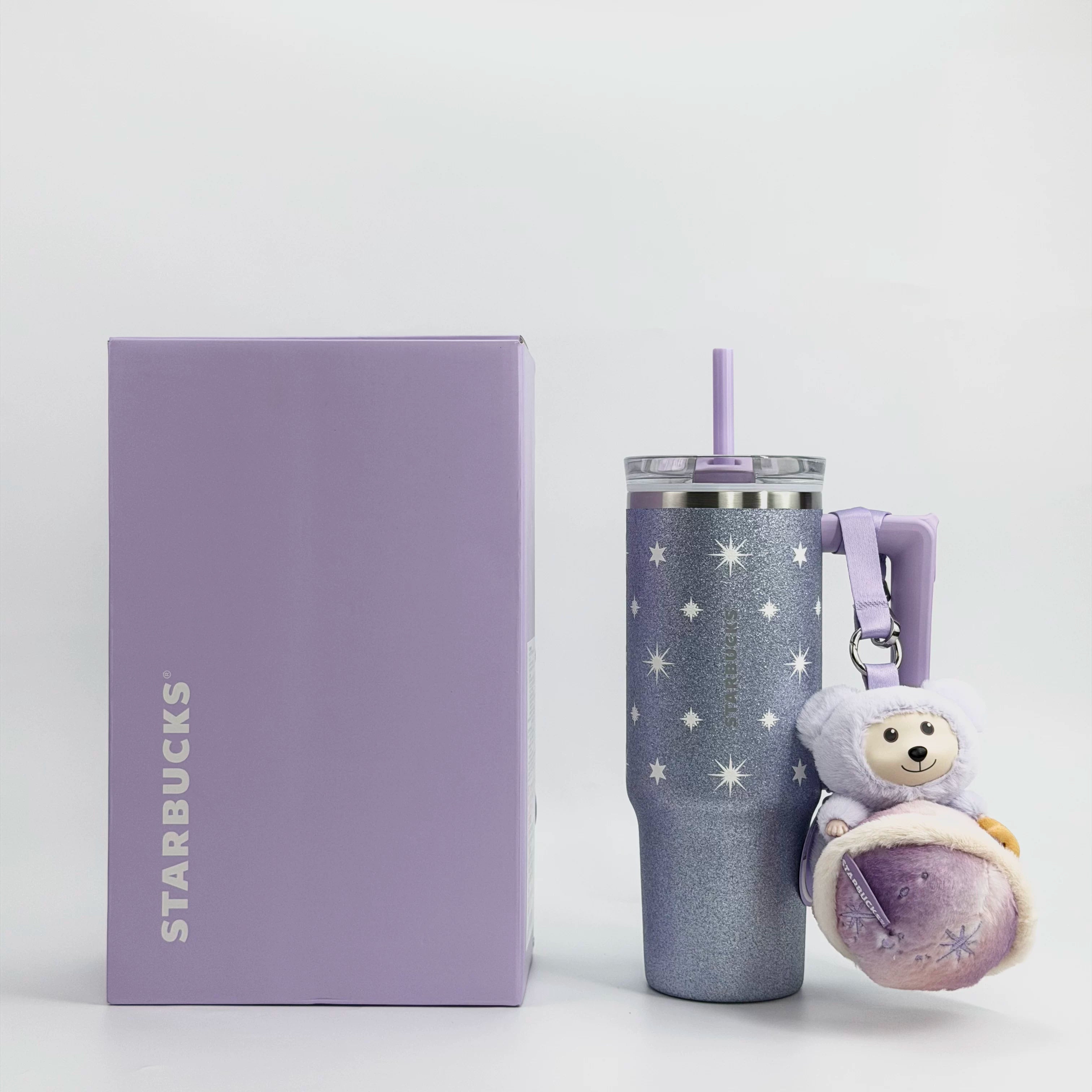 Starbucks Cup 2026 Purple Night Galaxy Series Large Capacity Car Stainless Steel Straw Cup with Bear Pendant