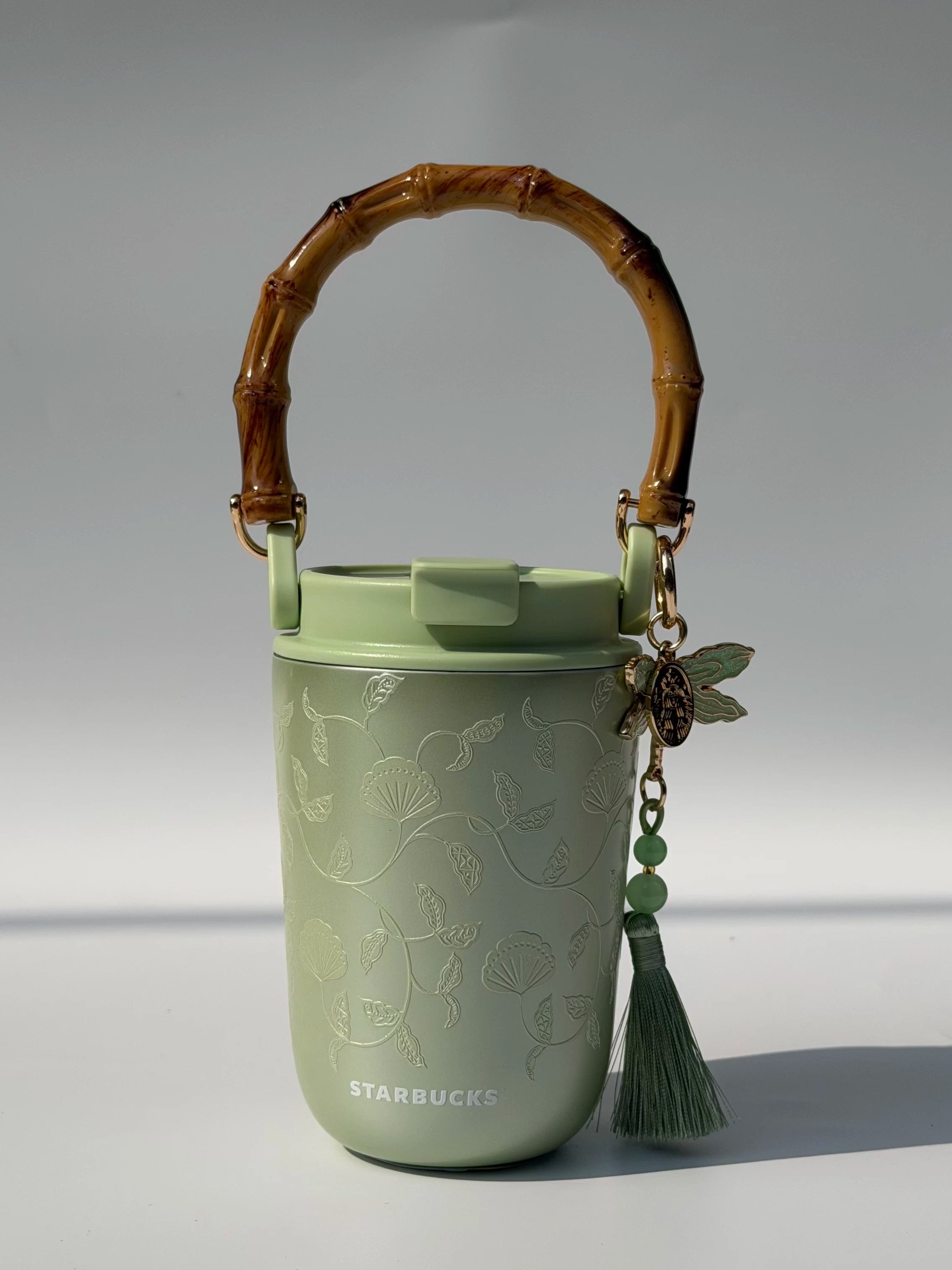 Starbucks cup 2026 spring sequence pattern Chinese green portable bamboo handle double drinking spout stainless steel cup