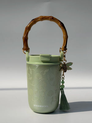 Starbucks cup 2026 spring sequence pattern Chinese green portable bamboo handle double drinking spout stainless steel cup