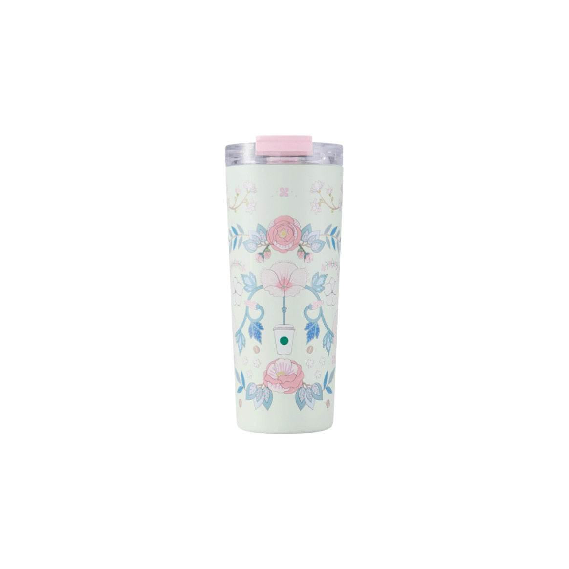 Tumbler Starbucks بنقشة زهور الربيع ولون أخضر نعناعي.