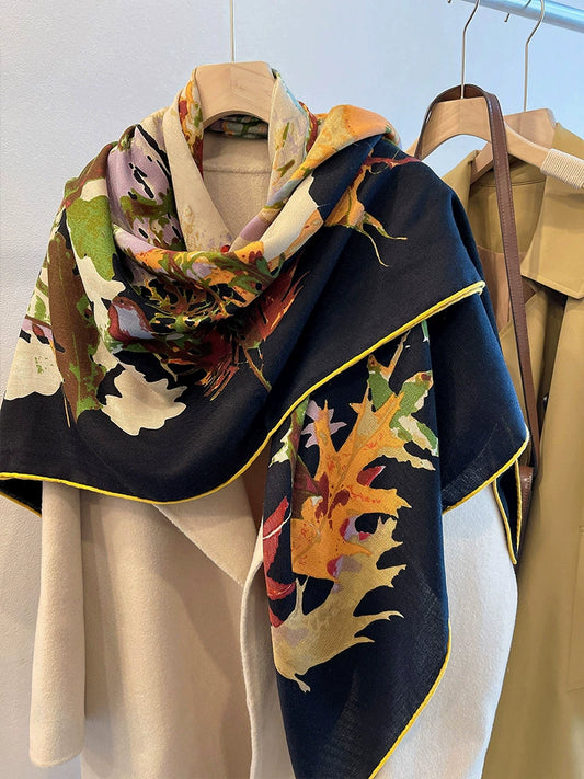 Aesthetic style, autumn leaves, light luxury, silk wool scarf, women's autumn and winter, silk wool, large square scarf, warm shawl, dual-purpose women