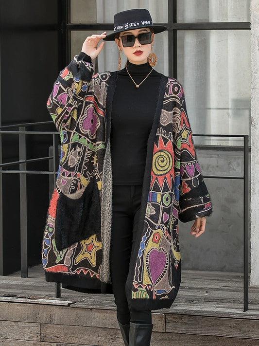 Fashionable Plus Size Thick Vintage Print Knitted Shawl Women's Fall/Winter Loose Midi Cardigan Sweater Jacket