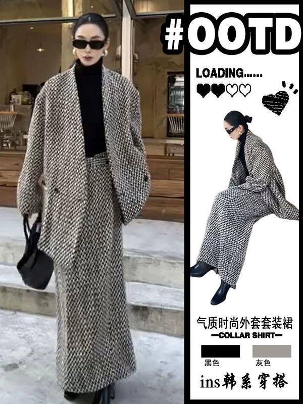 Vintage pattern suit woolen suit skirt women's winter V-neck tweed midi coat high-waisted long skirt two-piece set