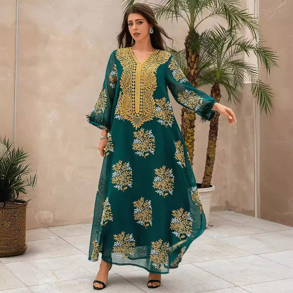 Dark green dress with luxurious gold embroidery