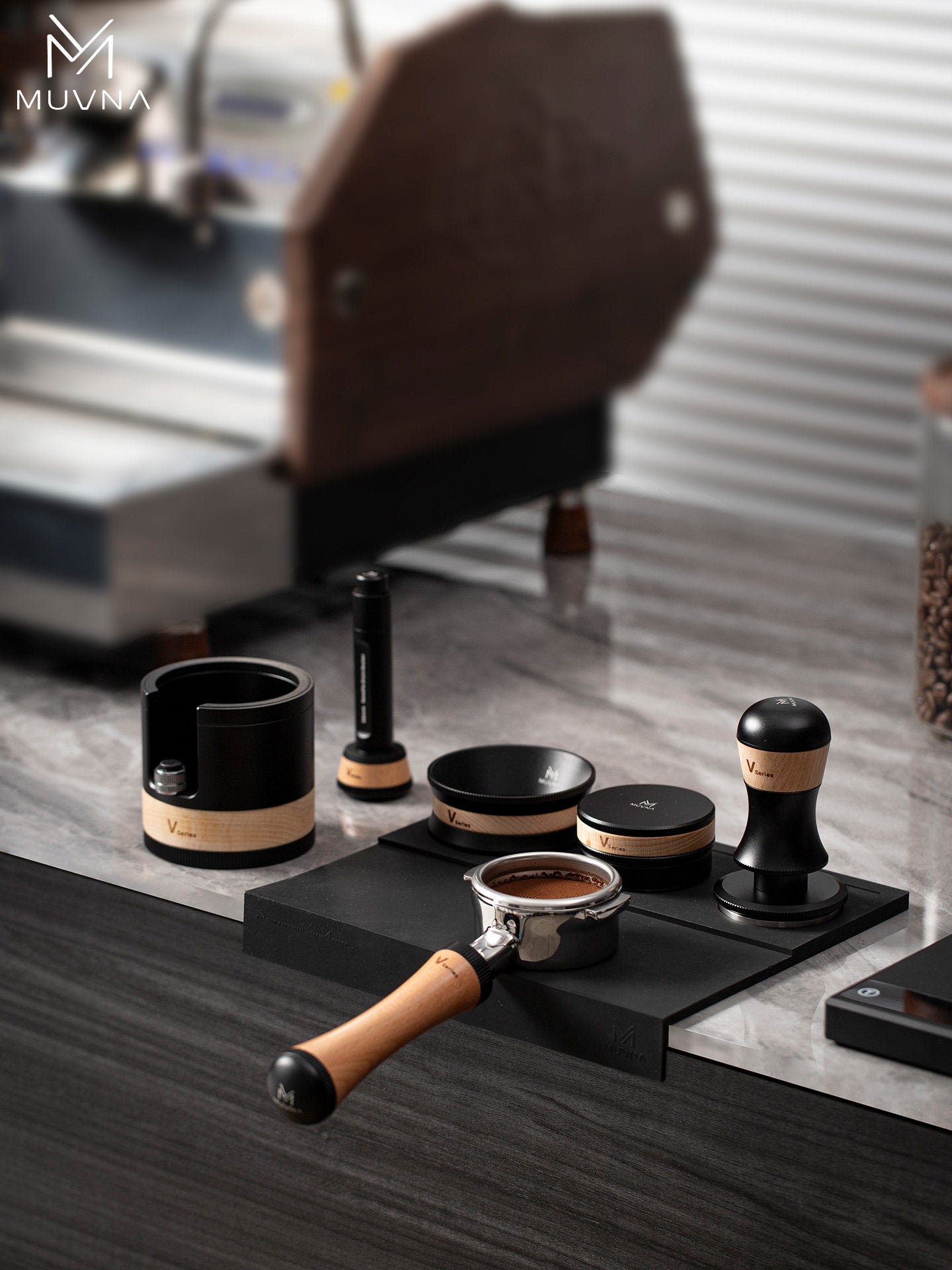 MUVNA Italian Coffee Gravity Three-Piece Set: Powder Press, Base, Needle Spreader, Coffee Machine Handle