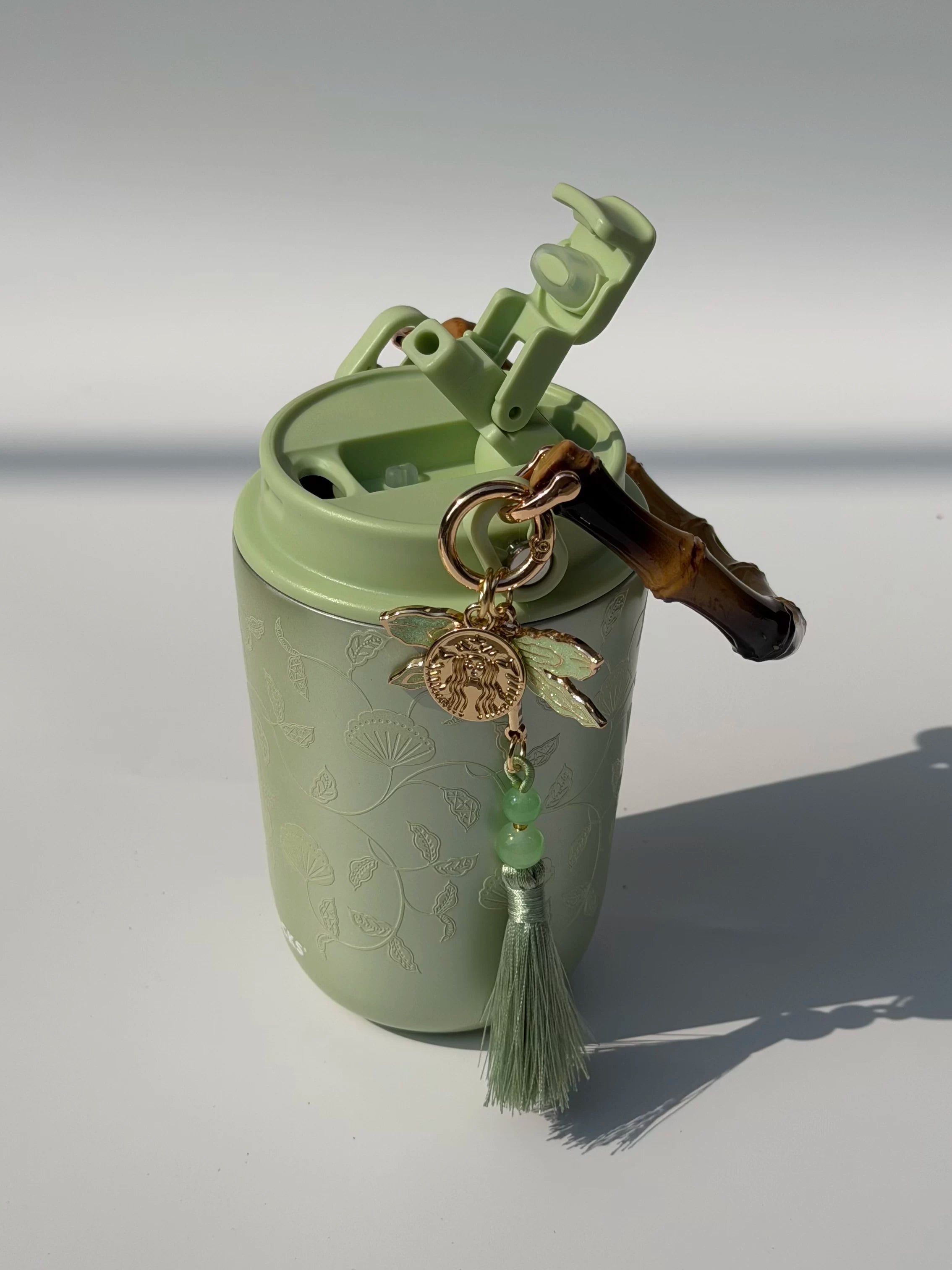 Starbucks cup 2026 spring sequence pattern Chinese green portable bamboo handle double drinking spout stainless steel cup