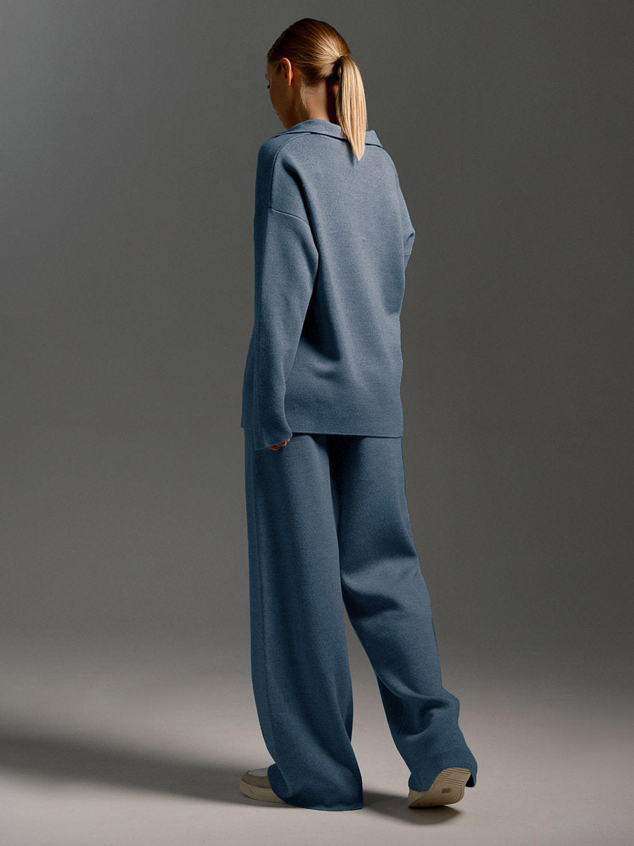 European and American autumn and winter sweaters, knitted polo collar pullovers, wide-leg trouser sets, Sweater and pants set