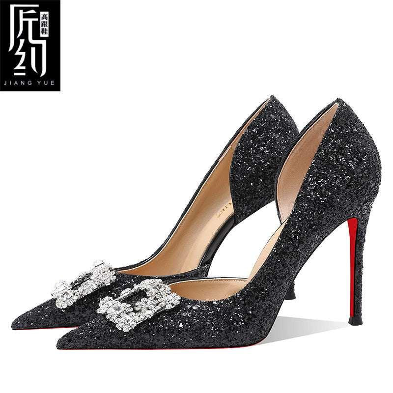 Christiana  حذاء كعب عالي Jiang Yue بتصميم لامع ومشبك كريستال فخم.