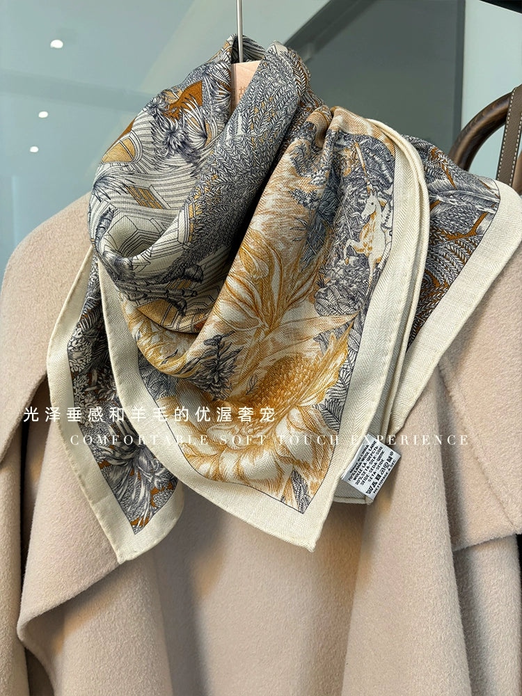 "Japanese Elegant Beige" double-sided Fu Bao silk wool scarf women's winter silk wool square scarf multi-functional shawl