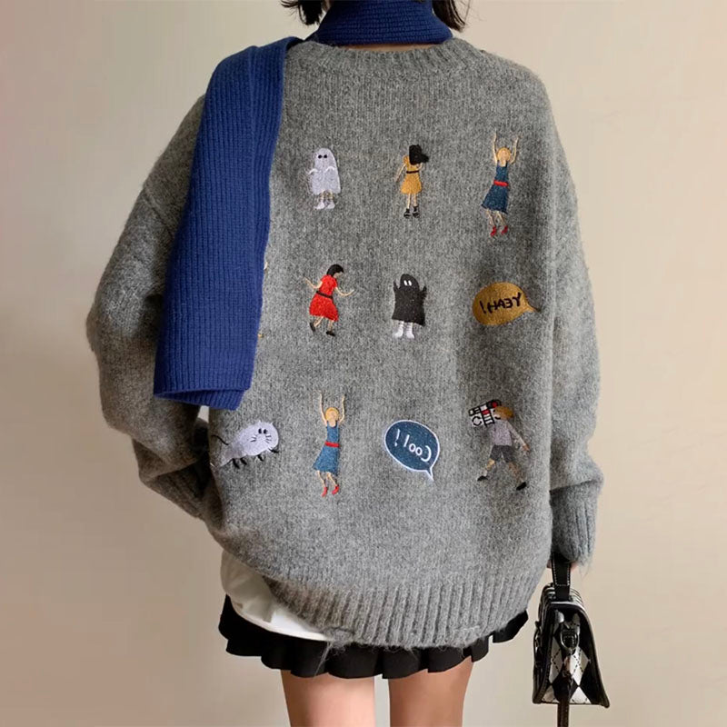 【Stock】Fun design niche gray sweater woman lazy style loose cartoon heavy industry embroidered knit top